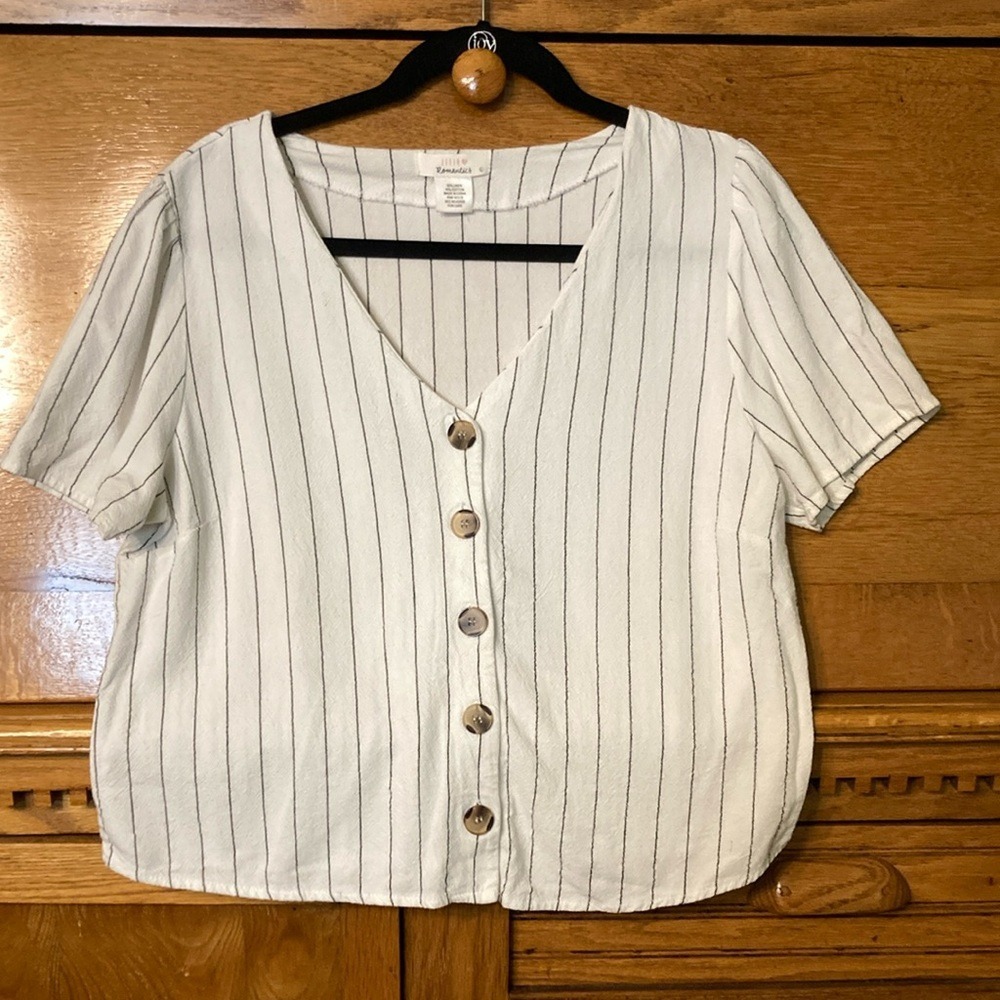 Urban Romantics Linen Cotton Striped Button Front Top Large Coastal Chic Preppy